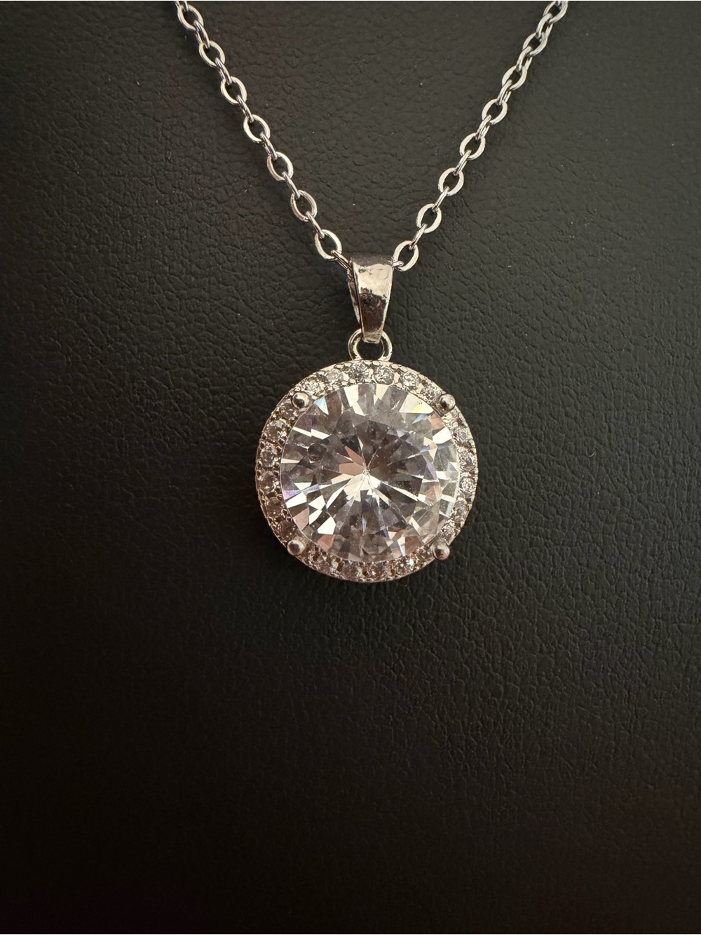 Classic Silver Round Halo Pendant Necklace - Clear Crystal